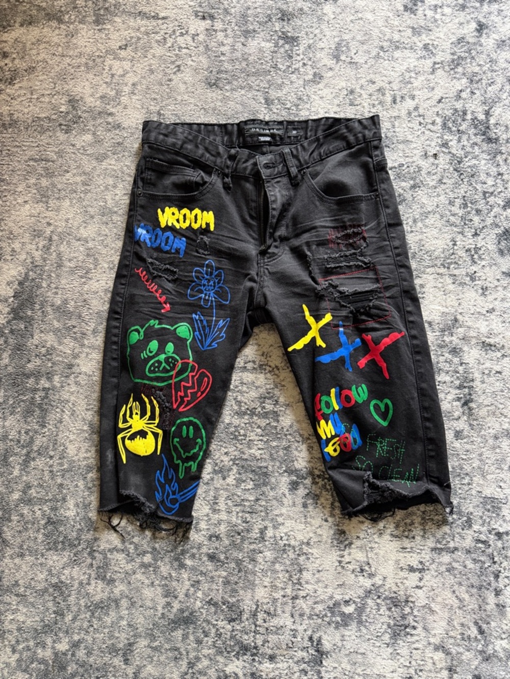 Black Painted Graffiti Jean Shorts for Men